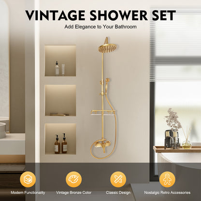 Douchepakket – Douchezuil – Douche Set – Regendouche – Handdouche – Verstelbare Hoogte 75-120 cm – Massief Messing Antiek Koper – 20 cm Regendouchekop – Wandmontage Met Keramische Klep