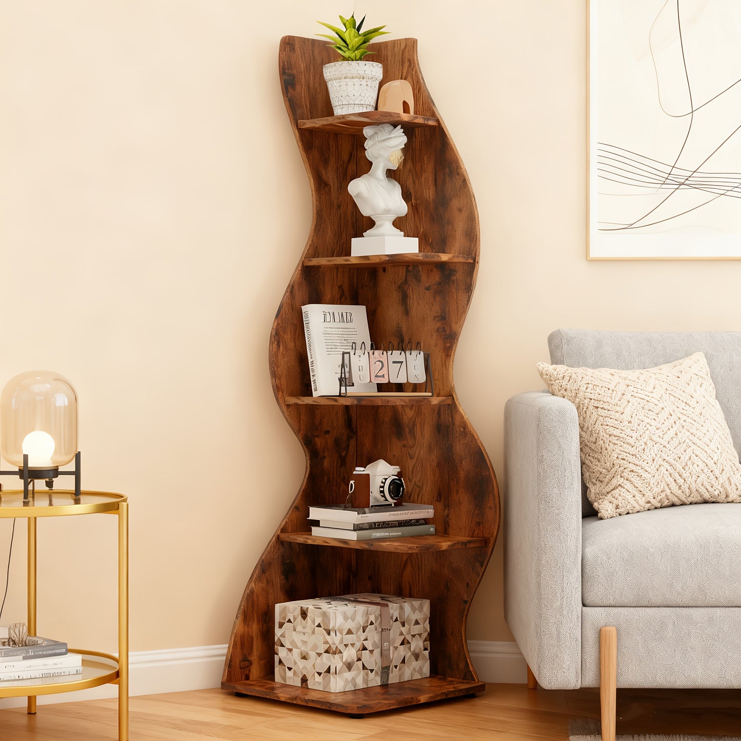 Boekenplank – Boekenkast – Wandplank – Boekenrek – Opbergrek – Golvend Modern Design – 5 Ruime Planken – Massief Hout & MDF – Vrijstaand Retro Bruin