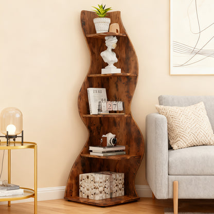 Boekenplank – Boekenkast – Wandplank – Boekenrek – Opbergrek – Golvend Modern Design – 5 Ruime Planken – Massief Hout & MDF – Vrijstaand Retro Bruin