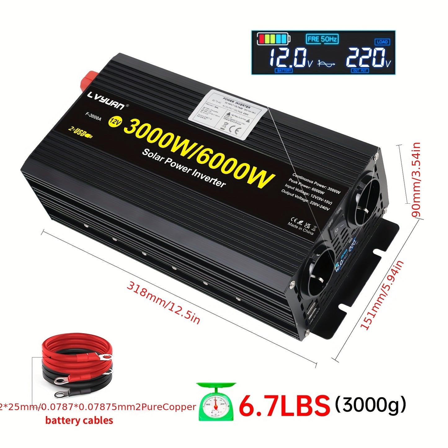Omvormer – Spanningsomvormer – Converter – Stroomomzetter – Inverter – 3000W Continu Vermogen – LCD-Display & Metalen Behuizing