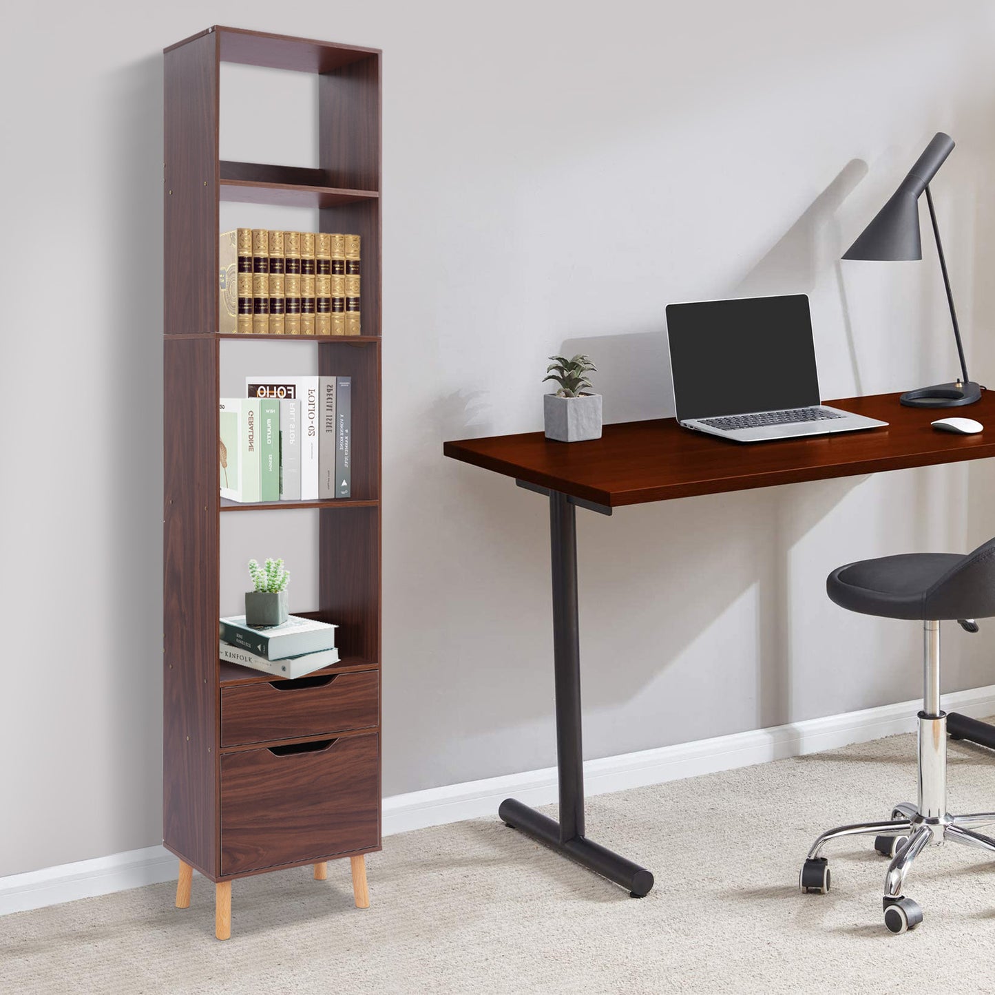Boekenkast – Boekrek – Opbergrek – Boekenplank – Wandkast – Walnootkleur – Hoogte 180 cm – Massief Hout