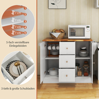 Mobiele Keukenwagen – Keukentrolley – Keukenkar – Keukenmeubel – Serveerwagen – 5 Verborgen Wieltjes – Rubbenhouten Werkblad 104x46 cm – Wit