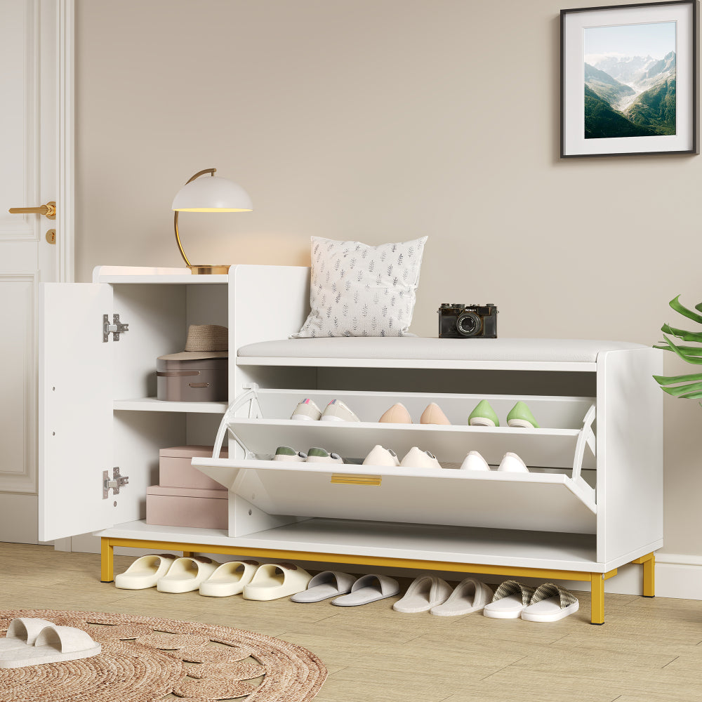 Schoenenkast – Schoenenopberger – Schoenentoren – Schoenmeubel – Schoenenrek – Modern Wit Met Gouden Accenten – Ruimtebesparend 100x38x68 cm – Met Zitting En Verborgen Uittrekbare Schoenlade