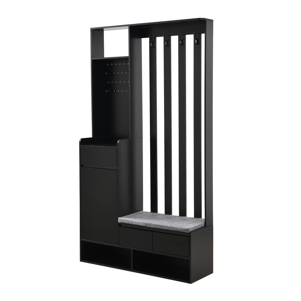 Kapstokkast – Garderobekast – Halmeubel – Schoenenkast – Staande Kapstok – Modern – Multifunctioneel – MDF & Hardhout – Gestoffeerde Opbergbank – 180x100x35 cm – Zwart – 4 Metalen Haken – Opberglades & Planken