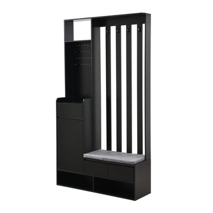Kapstokkast – Garderobekast – Halmeubel – Schoenenkast – Staande Kapstok – Modern – Multifunctioneel – MDF & Hardhout – Gestoffeerde Opbergbank – 180x100x35 cm – Zwart – 4 Metalen Haken – Opberglades & Planken