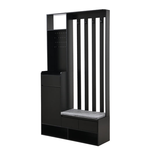 Kapstokkast – Garderobekast – Halmeubel – Schoenenkast – Staande Kapstok – Modern – Multifunctioneel – MDF & Hardhout – Gestoffeerde Opbergbank – 180x100x35 cm – Zwart – 4 Metalen Haken – Opberglades & Planken