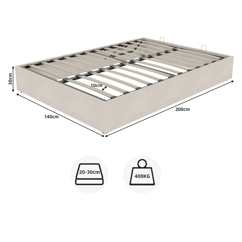 Bedframe – Bedombouw – Slaapbank – Platformbed – Ledikant – Modern Minimalistisch – Beige Velvet Bekleding – Gaslift Opbergruimte