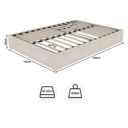 Bedframe – Bedombouw – Slaapbank – Platformbed – Ledikant – Modern Minimalistisch – Beige Velvet Bekleding – Gaslift Opbergruimte