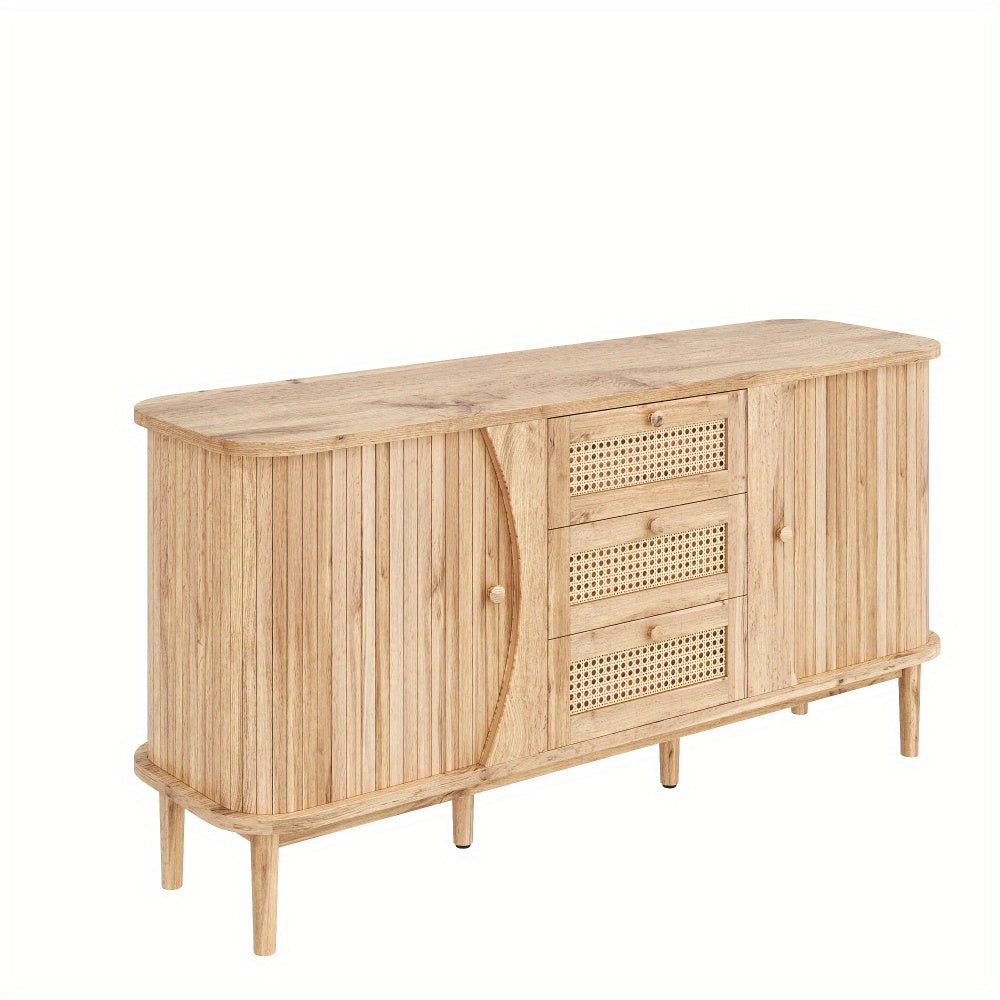 Modern Farmhouse Sideboard Cabinet with Sliding Doors - Natural Beige & Brown Storage Furniture, Adjustable Shelves, Entryway, Living Room, Dining Room Organizer - Easy Assembly Required, Entryway Furniture, Contemporary Desi