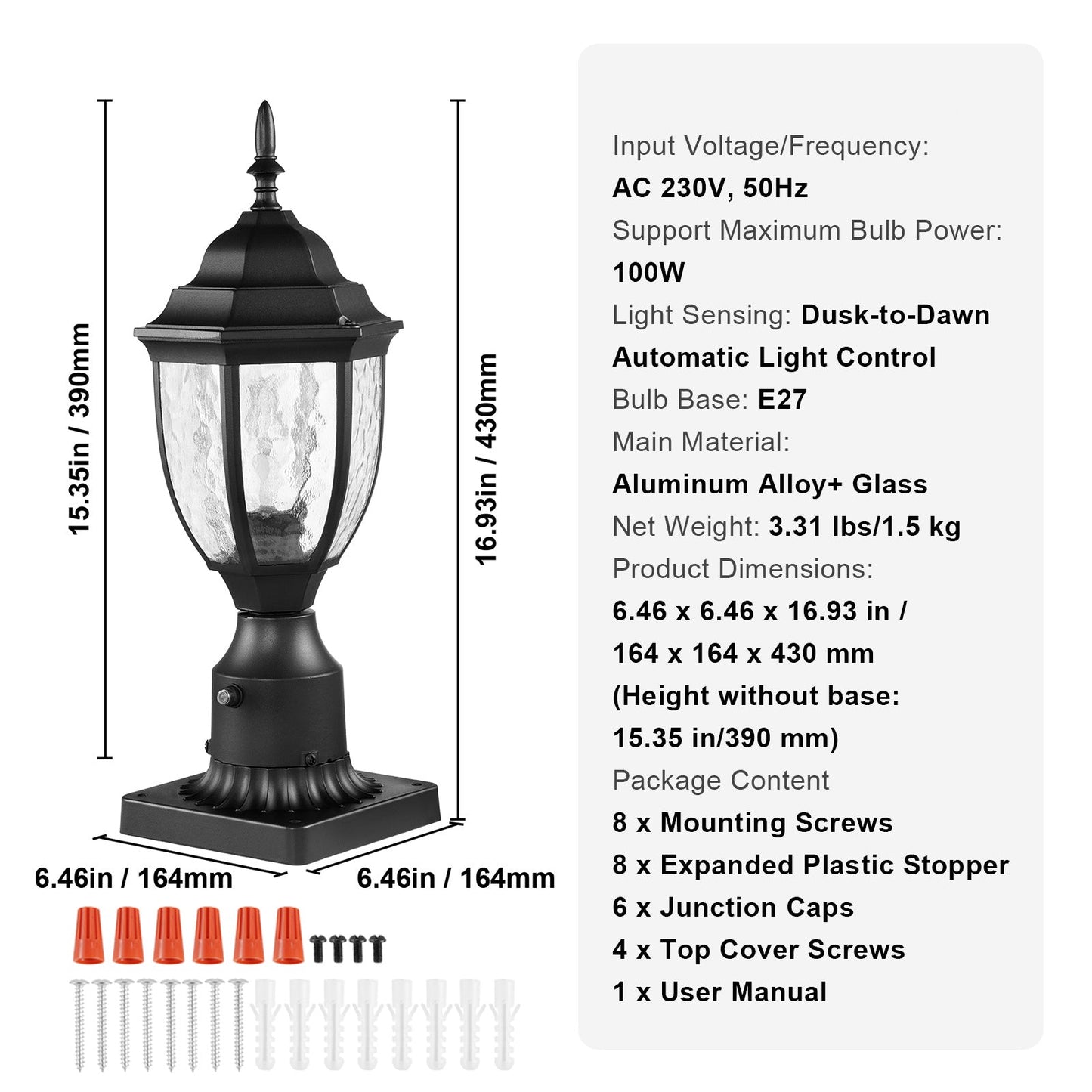 Tuinlamp – Buitenlamp – Tuinverlichting – Lampenpaal – Staande Tuinlamp – Automatische Schemersensor – Aluminium Behuizing Met Gehard Glas