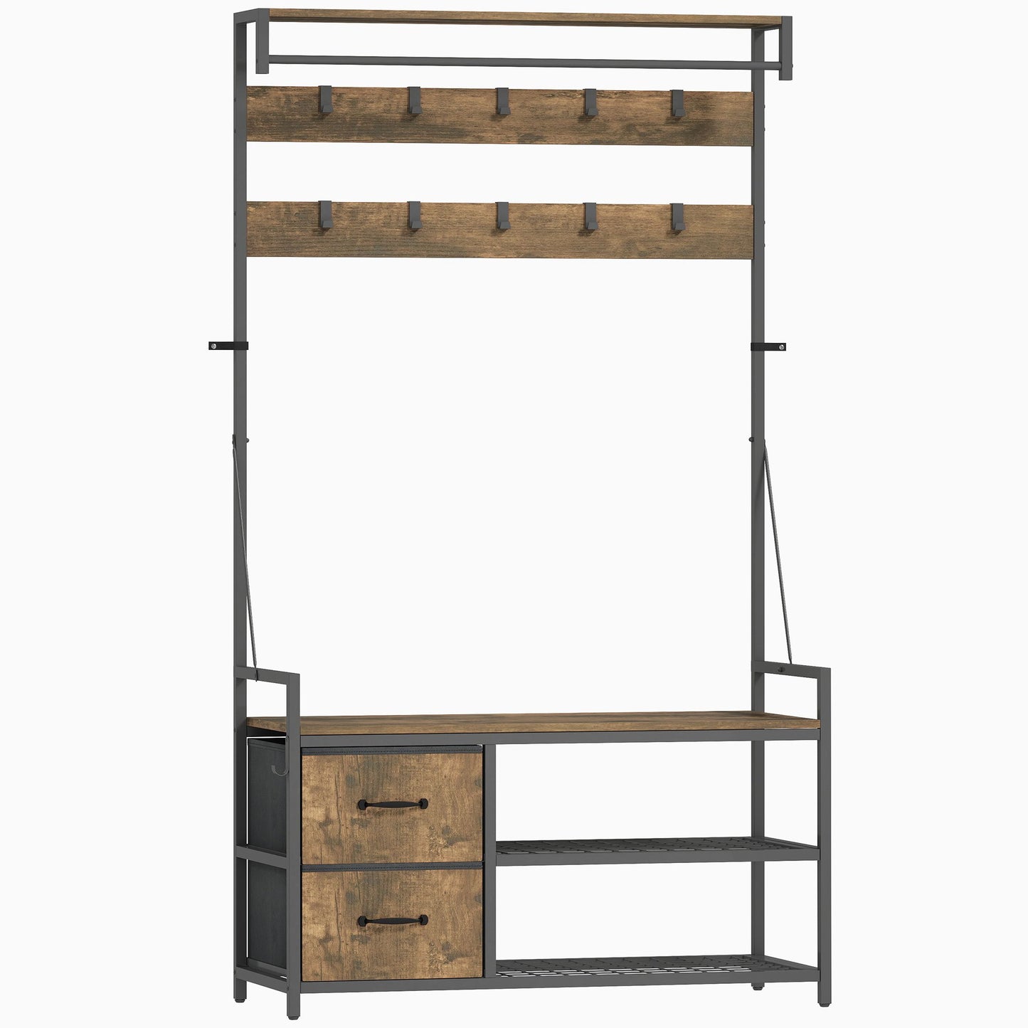Kapstok – Wandkapstok – Schoenenrek – Zitbank – Opbergkast – Industrieel Design – 10 Haken & 2 Stoffen Lades – Metaal Bruin