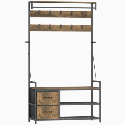 Kapstok – Wandkapstok – Schoenenrek – Zitbank – Opbergkast – Industrieel Design – 10 Haken & 2 Stoffen Lades – Metaal Bruin