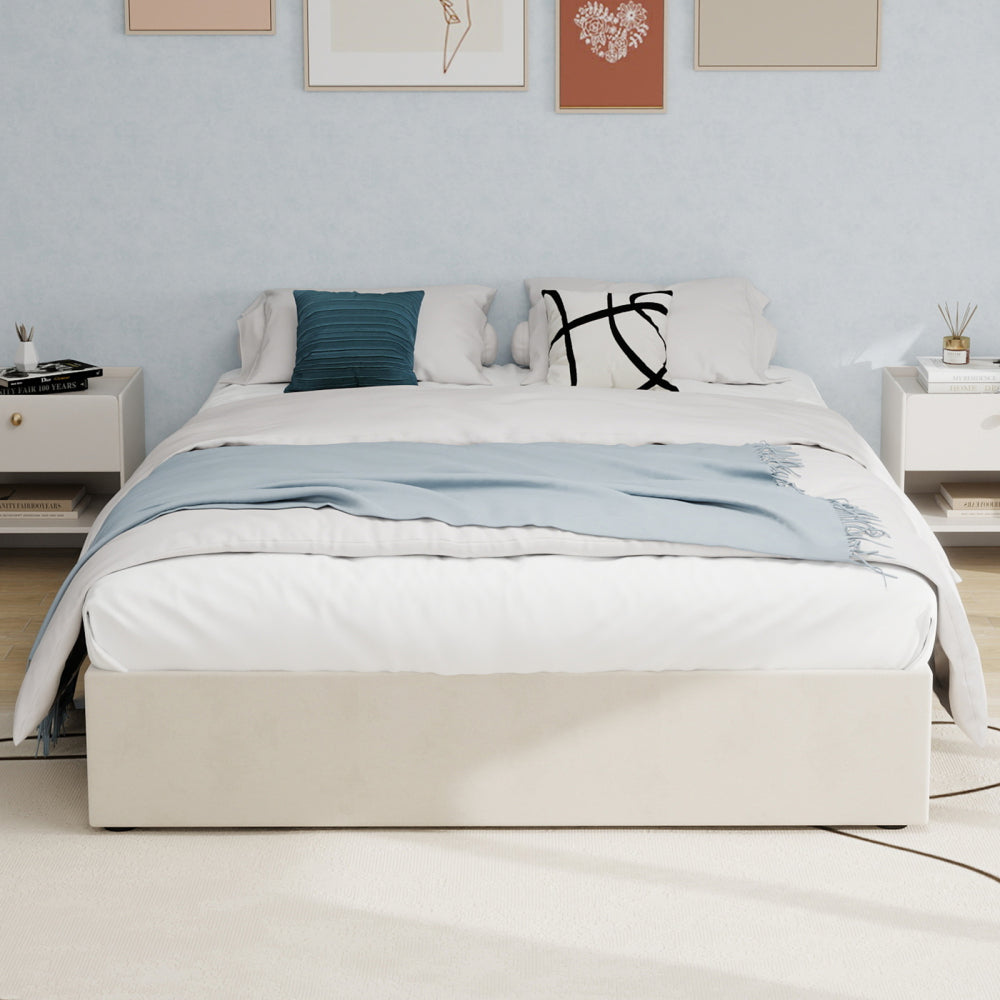 Bed – Bedframe – Ledikant – Slaapbank – Slaapbed – Beige Fluweel – Gasveer Opbergruimte – Laag Platform 160x200 cm