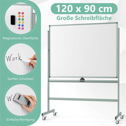Dubbelzijdig Mobiel Whiteboard – Magnetisch Bord – Schrijfbord – Flipover – Rolwagen – Hoogte Verstelbaar – Inclusief Accessoires – 120 x 90 cm