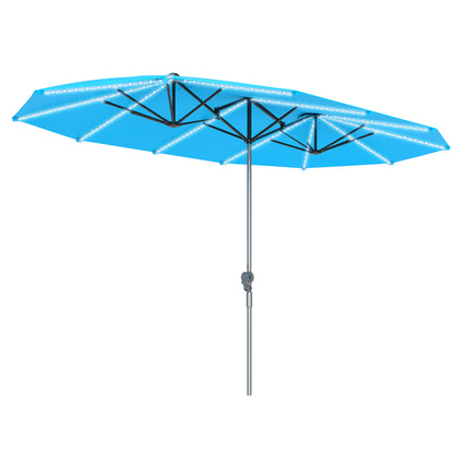 Dubbele Parasol – Tweepersoons Parasol – Terrasparasol – Zonneparasol – Tuinparasol – Blauw – UPF50+ UV-Bescherming – Zonne-LED Verlichting