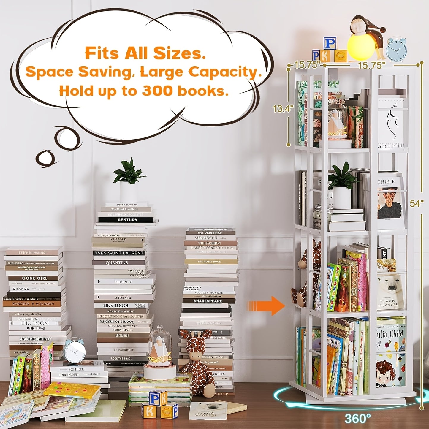 Draaibare Boekenkast – Boekenkast – Boekplank – Opbergrek – Vakkenkast – Wit – 4-Lagen Met 360° Draaifunctie – Ruimtebesparend Design