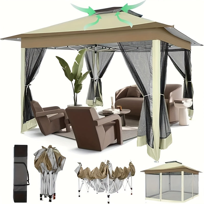 3.6*3.6m Outdoor Gazebo Pop Up Gazebo Canopy With Mosquito Netting Patio Gazebo Canopy Tent Backyard Canopy With 2-Tiered Vented Top 3 Adjustable Height And 144 Square Ft Of Shade