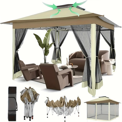 3.6*3.6m Outdoor Gazebo Pop Up Gazebo Canopy With Mosquito Netting Patio Gazebo Canopy Tent Backyard Canopy With 2-Tiered Vented Top 3 Adjustable Height And 144 Square Ft Of Shade