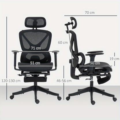 Bureaustoel – Ergonomische Stoel – Office Chair – Draaistoel – Kantoorstoel – Verstelbare Mesh Rugleuning – 3D Armleuningen & Lendensteun – Ademend Zwart – Kantelfunctie, Voetensteun & Jashanger