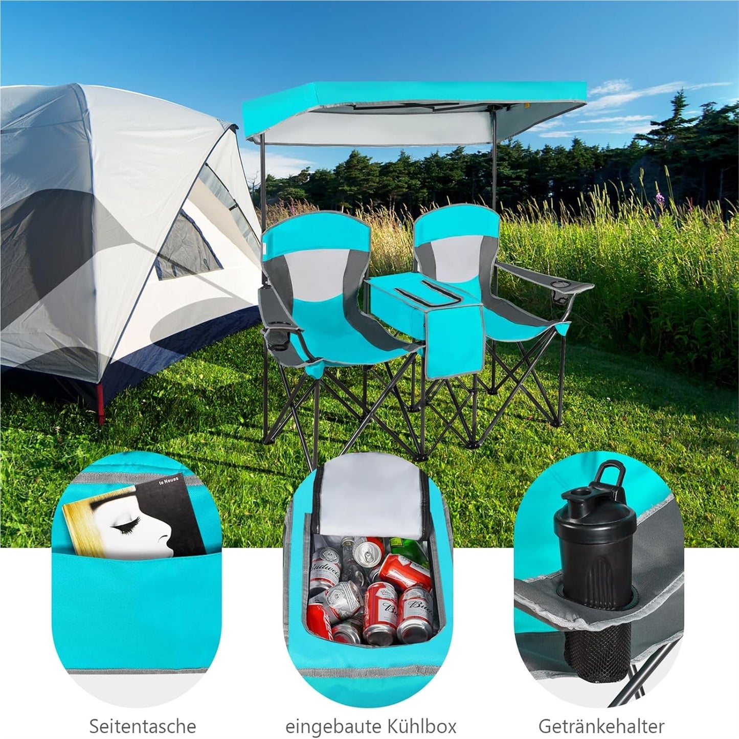 Campingstoel – Vouwstoel – Kampeerstoel – Visstoel – Outdoorstoel – Met Verstelbare Zonwering – Inclusief Koelbox & Tafel – Navy