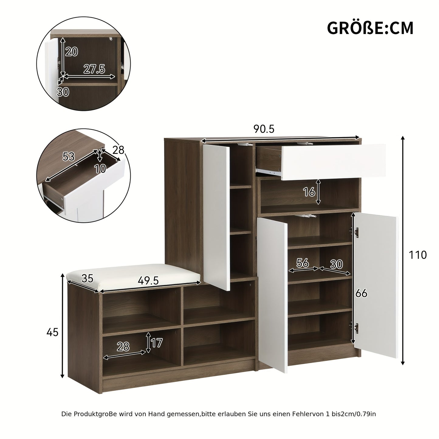 White Shoe Storage Bench & Cabinet with Padded Seat, Adjustable Shelves, and Open Compartment – Multifunctional Hardwood Shoe Organizer for Hallway or Entryway, Contemporary Design, 140cm W x 35cm D x 110cm H, Entryway Furn