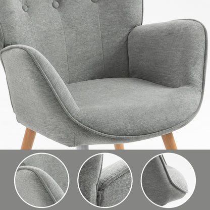 Fauteuil Scandinavisch – Zithoekstoel – Leunstoel – Lounge Chair – Relaxstoel – Grijs Stof – Houten Armleuningen – Afmeting 66x71x109 cm