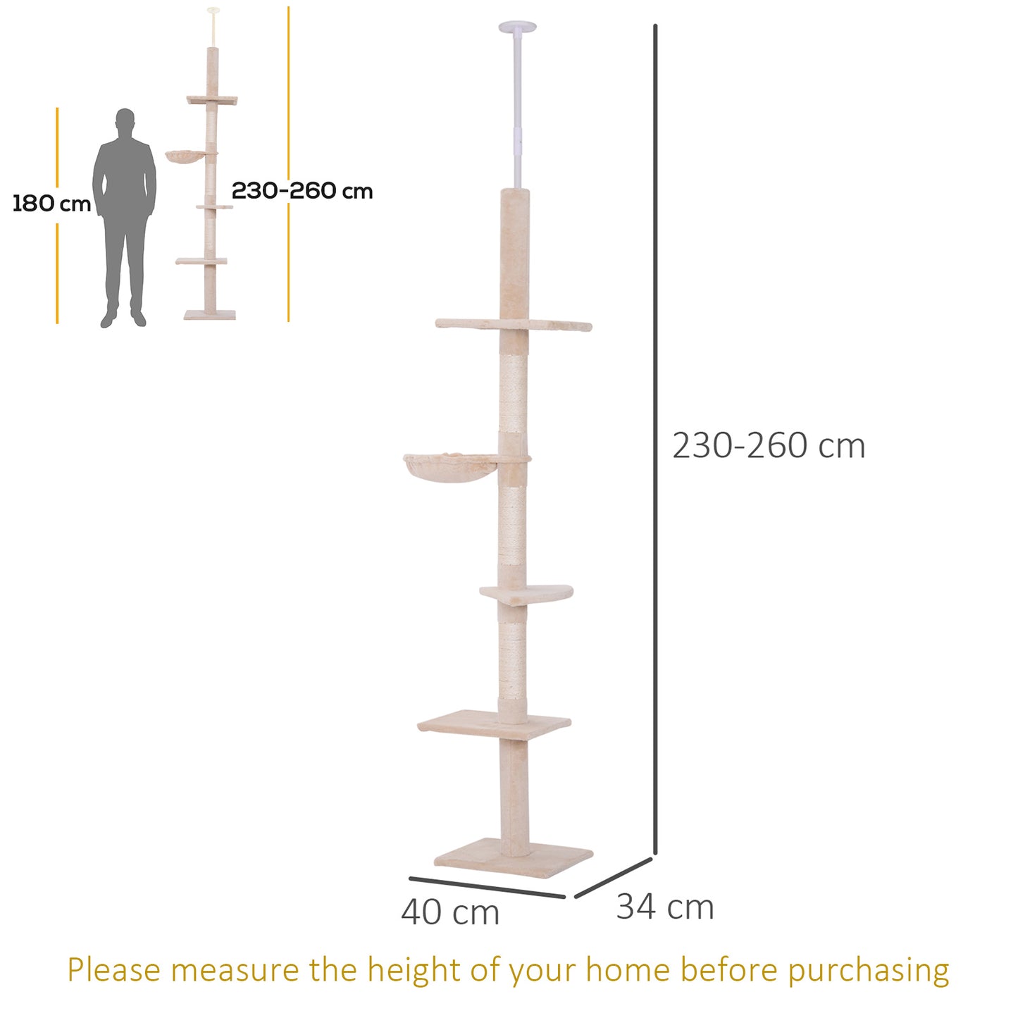 Krabpaal – Krabboom – Kattenboom – Klimpaal – Kattenmeubel – Verstelbaar 230-260 cm – Stevig Sisal Ontwerp Beige