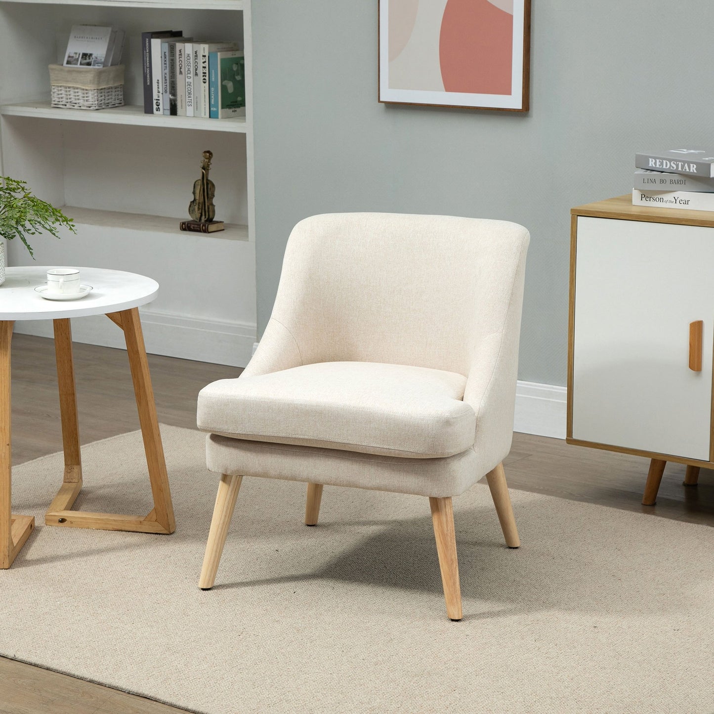 Fauteuil – Lounge Stoel – Armstoel – Leunstoel – Relaxfauteuil – Beige – Scandinavisch Design – Linnen Stof Met Houten Poten