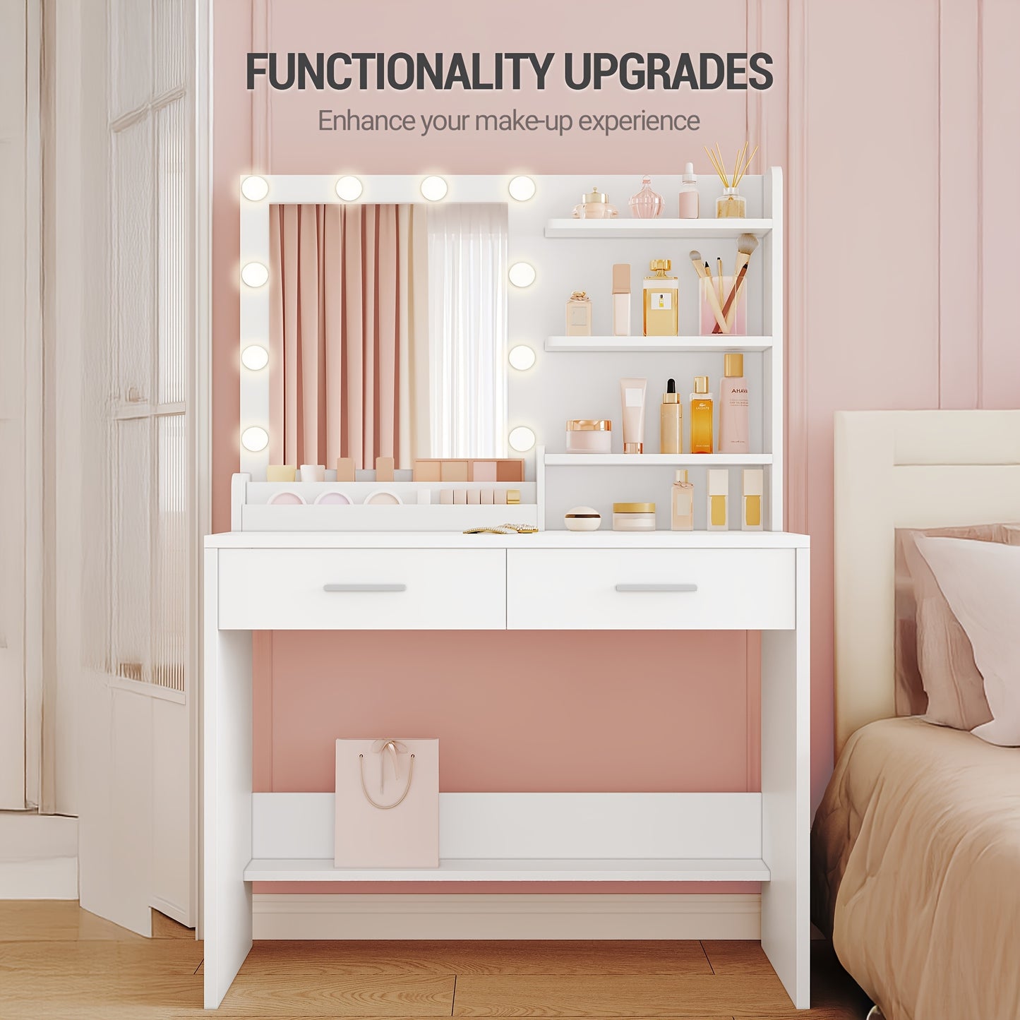 Kaptafel – Make-up Tafel – Opmaktafel – Visagietafel – Beautytafel – Met Spiegel en LED Verlichting – 2 Lades en 4 Open Vakken – Modern Wit – 3 Lichtstanden