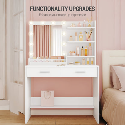 Kaptafel – Make-up Tafel – Opmaktafel – Visagietafel – Beautytafel – Met Spiegel en LED Verlichting – 2 Lades en 4 Open Vakken – Modern Wit – 3 Lichtstanden