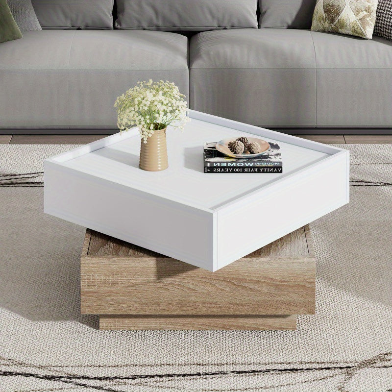 Salontafel – Koffietafel – Woonkamertafel – Draaibare Tafel – Opbergtafel – 360° Draaibaar Bovenblad – Walnoot Frame Met Wit Tafelblad