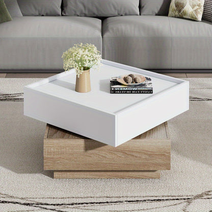 Salontafel – Koffietafel – Woonkamertafel – Draaibare Tafel – Opbergtafel – 360° Draaibaar Bovenblad – Walnoot Frame Met Wit Tafelblad