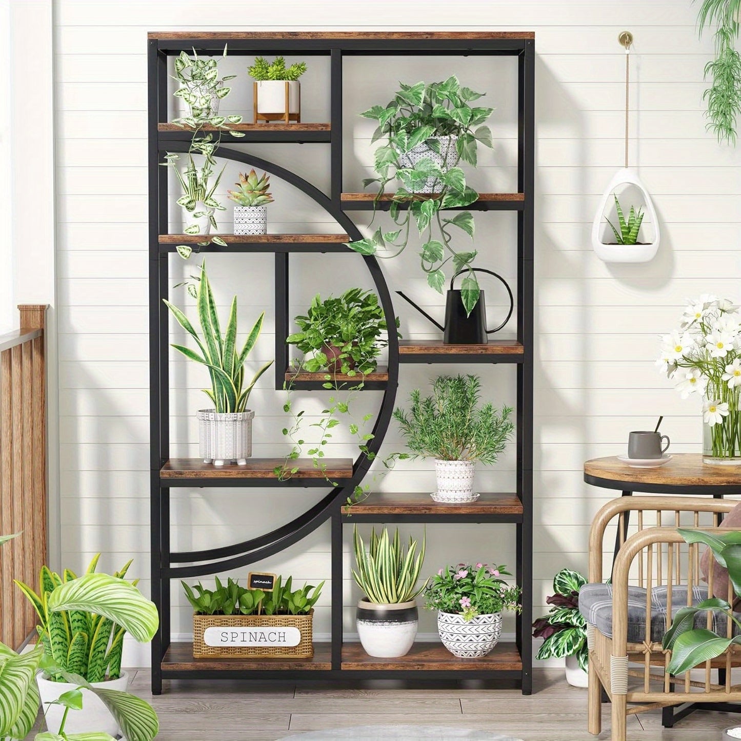 Industriële Boekenkast – Boekenkast – Open Kast – Etagère – Boekplank – 9 Open Planken – MDF Hout Met Zwart Metaal – Halfrond Ontwerp – 27 kg Draagkracht Per Plank