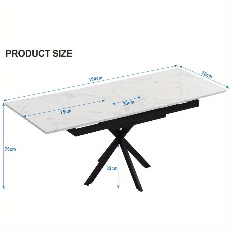 Verstelbare Eettafel – Zelf Uitbreidbare Tafel – Rechthoekige Koffietafel – Vrije Tijd Tafel – Eetkamer Tafel – Marmerlook Bovenblad – Kruisvormig Metaal Onderstel