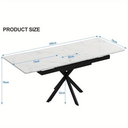Verstelbare Eettafel – Zelf Uitbreidbare Tafel – Rechthoekige Koffietafel – Vrije Tijd Tafel – Eetkamer Tafel – Marmerlook Bovenblad – Kruisvormig Metaal Onderstel