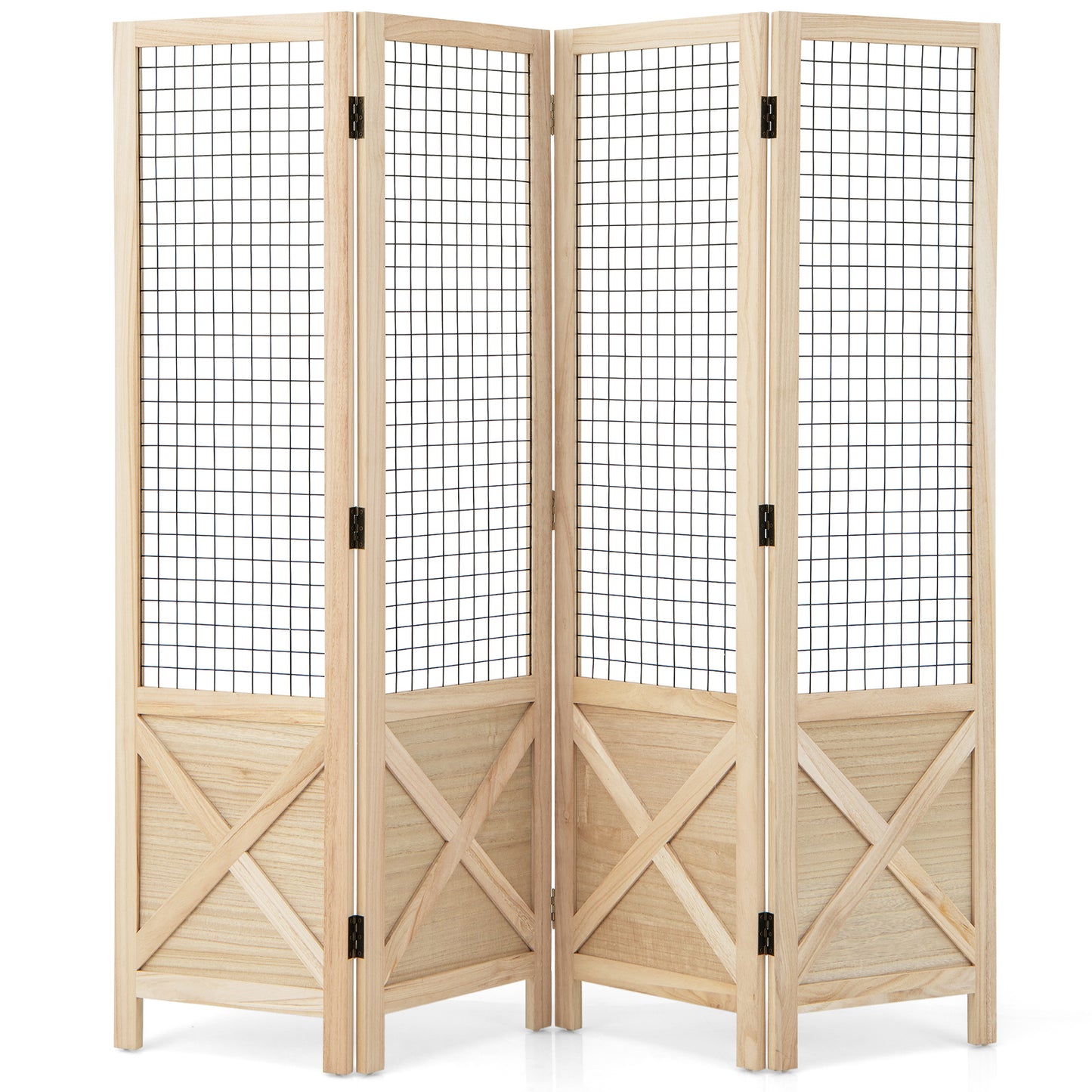 Houten Kamerscherm – Room Divider – Scheidingswand – Vouwscherm – Privacy Scherm – 4 Panelen Met Gridwall – Lichtgewicht Paulownia Hout – Opvouwbaar En Compact