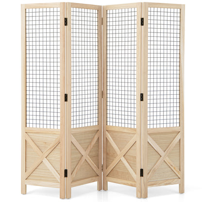 Houten Kamerscherm – Room Divider – Scheidingswand – Vouwscherm – Privacy Scherm – 4 Panelen Met Gridwall – Lichtgewicht Paulownia Hout – Opvouwbaar En Compact