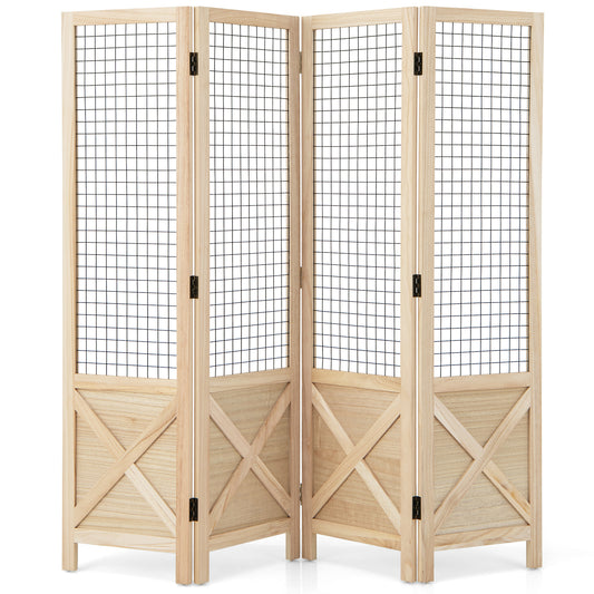 Houten Kamerscherm – Room Divider – Scheidingswand – Vouwscherm – Privacy Scherm – 4 Panelen Met Gridwall – Lichtgewicht Paulownia Hout – Opvouwbaar En Compact