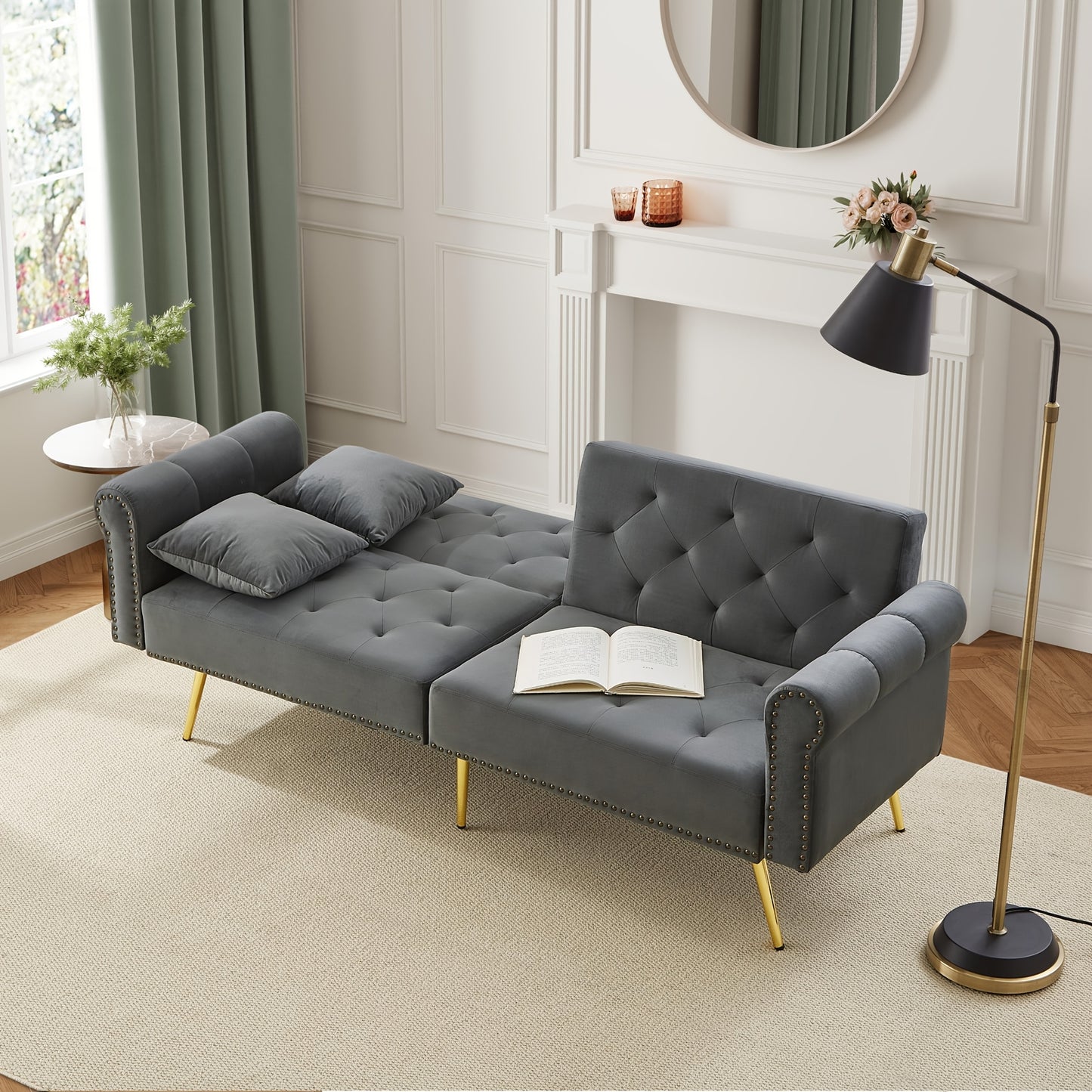 Modern Double Sofa Bed - Velvet Cover, Backrest with 3 Levels Of Adjustment And Gold Plated-plated Metal Feet Stylish Sofa with Sleeping Function - Space-saving And Flexible, Ideal for Small Rooms