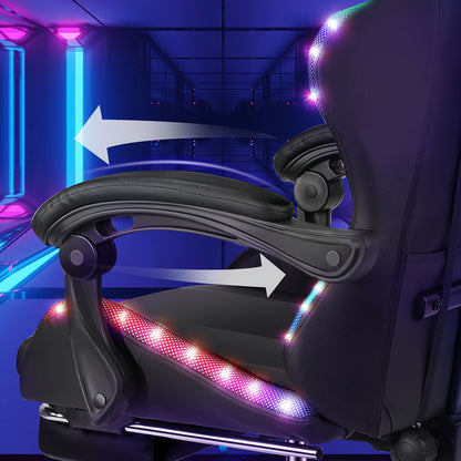 Black RGB Gaming Chair with Linkage Armrests, Foldable Base, Adjustable Height, Reclining Backrest, Footrest Support, Wooden Board Frame & Shaped Foam Cushion, Durable Nylon Base
