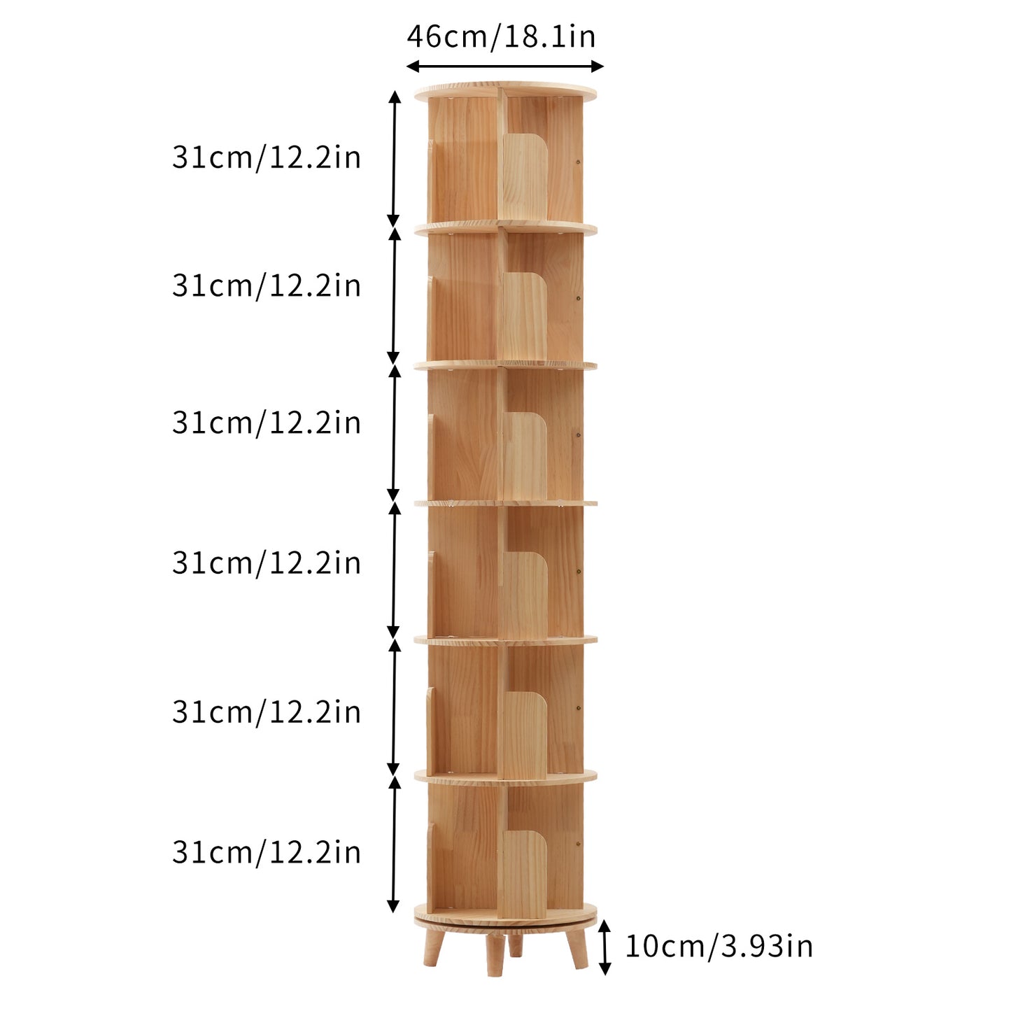 Boekenrek – Boekenkast – Boekenplank – Opbergkast – Wandrek – 6-laags Draaibaar – Massief Grenenhout – 360° Rotatie – Ruimtebesparend & Stevig