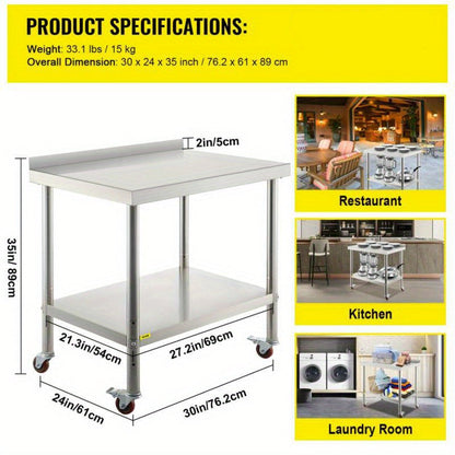 RVS Werkbank – Roestvrijstalen Werktafel – Keukenwerkbank – Professionele Werkbank – Mobiele Werkbank – 199,58 kg Draagvermogen – Verstelbare Onderplank & Backsplash