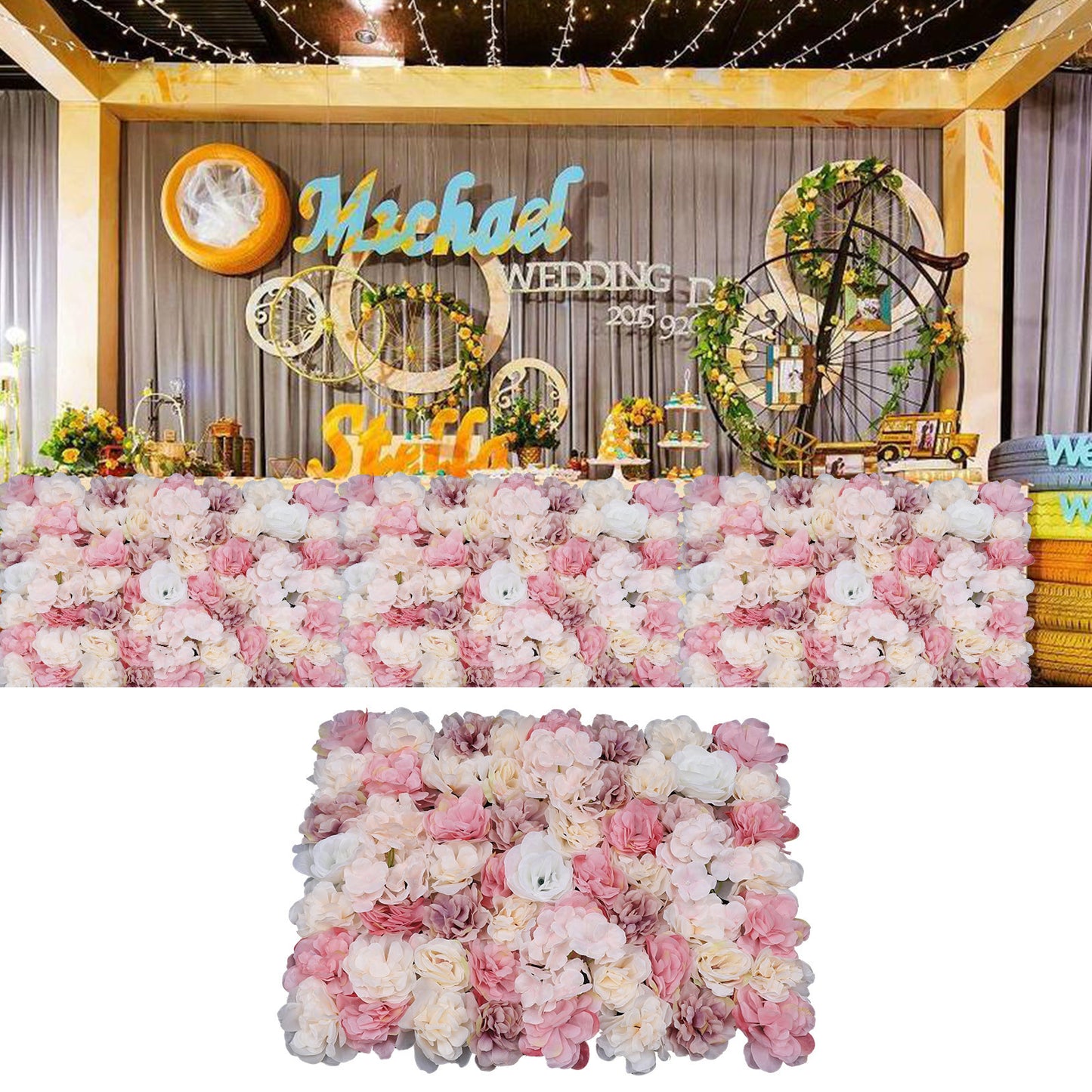 Nep bloemen muurdecoratie – Kunstbloemen wanddecoratie – Bloemenwand panelen – Decoratieve rozen – Kunstbloemen wandpanelen – Set van 12 panelen – Hoogwaardige kunststof en stof – Geschikt voor binnen en buitengebruik