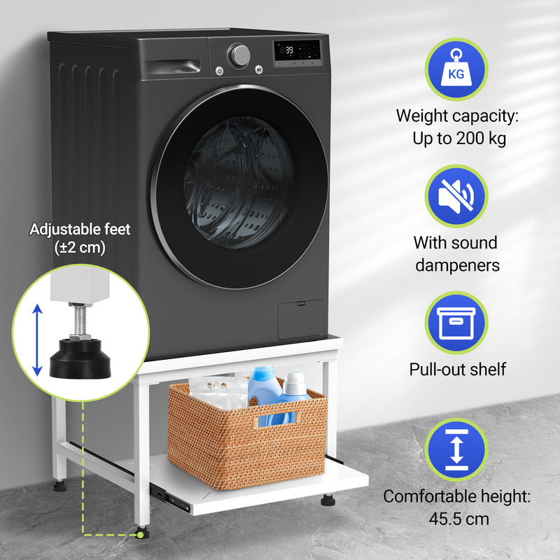 Wasmachine Onderstel – Verstelbare Wasmachine Steun – Wasmachine Verhoger – Droger Stand – Koelkast Podium – 45 cm Hoog – Schokdempend Met Uittrekbare Planken – 200 kg Belastbaar – Wit