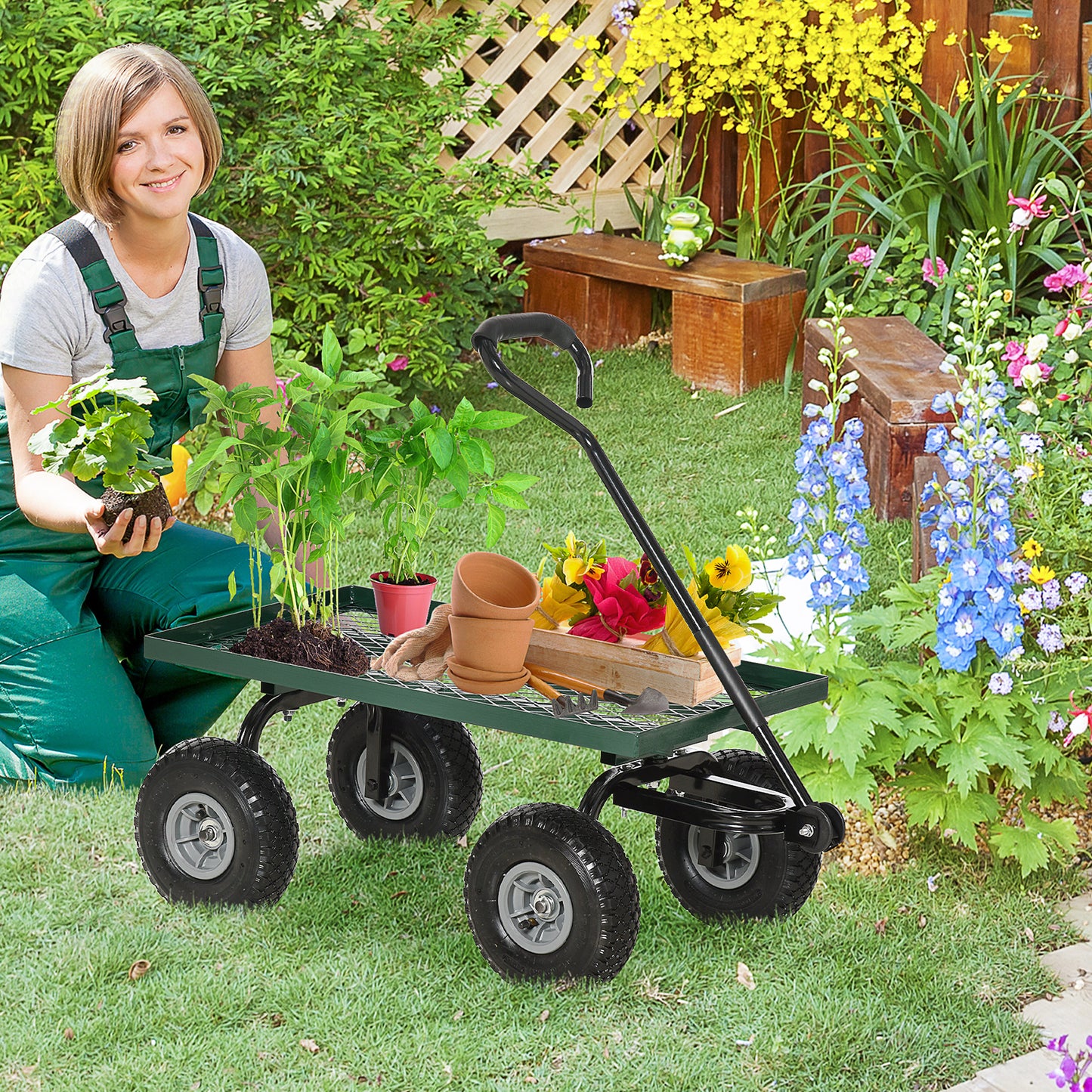 Tuinwagen – Tuinkar – Tuintrolley – Transportkar – Bolderkar – Stalen Frame – Max 150 kg Belastbaar – 4 Luchtbanden – Comfortabele Foam Handgreep – Groen
