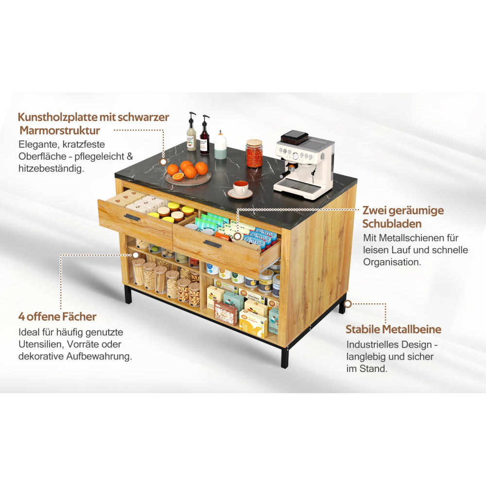 120×75×90cm, Country-Style Kitchen Island with 2 Drawers and 4 Open Shelves, Oak Grain Finish, Black Marble Countertop, Metal Frame, Kitchen Island With Seating, Kitchen Shelf Organizers And Storage, Island Table For Kitche