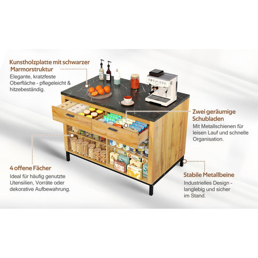 120×75×90cm, Country-Style Kitchen Island with 2 Drawers and 4 Open Shelves, Oak Grain Finish, Black Marble Countertop, Metal Frame, Kitchen Island With Seating, Kitchen Shelf Organizers And Storage, Island Table For Kitche