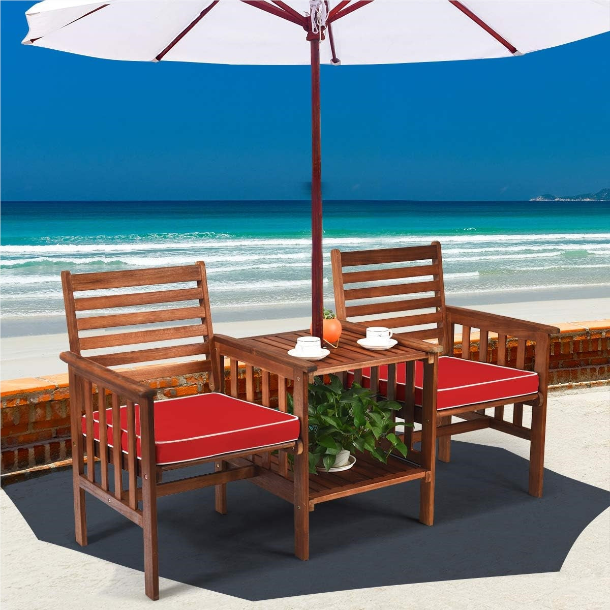 Tuinbank – Buitenbank – Houten Bank – Zitbank – Balkonbank – Acaciahouten Tuinbank Met Tafel – Kussen Inclusief – Parasolgat – 165x65x88 cm – Draagvermogen 350 kg