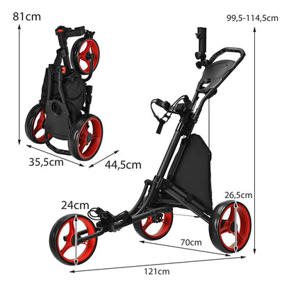 3 Wheels Foldable Golf Push Pull Cart, 4 Adjustable Height Positions Lightweight Golf Push Cart, Aluminum Golf Trolley