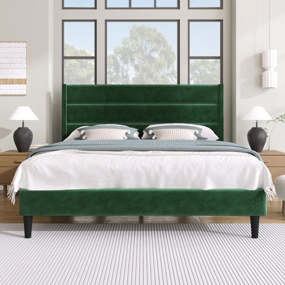 Bedbank 140x200 – Gestoffeerd Bed – Slaapbank – Tweepersoonsbed – Bedframe – Fluwelen Bekleding Donkergroen – Houten Lattenbodem – Modern Tijdloos Design